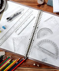 Real Deal 7 Piece Geometry Set With Fine Tip Drawing Compass And 6 Plus 4 Inch Protractors Clear Triangle And Straight Ruler Smooth Drafting Gear on notebook.