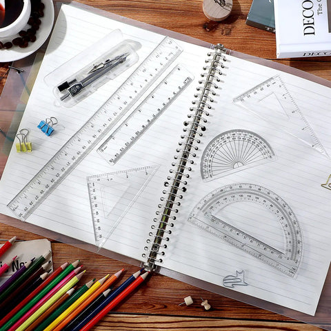Real Deal 7 Piece Geometry Set With Fine Tip Drawing Compass And 6 Plus 4 Inch Protractors Clear Triangle And Straight Ruler Smooth Drafting Gear on notebook.