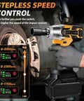 Heavy Duty Cordless Impact Wrench With 21V Brushless Motor And 6.0Ah Battery For Car Repair Garage Work Includes Charger And 39Pc Kit showing stepless speed control for high torque.