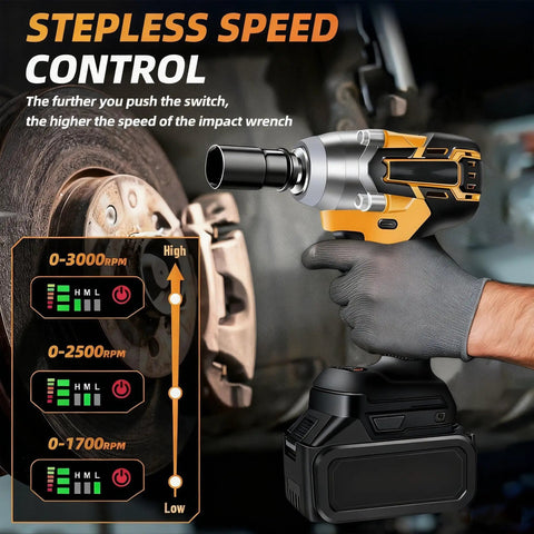 Heavy Duty Cordless Impact Wrench With 21V Brushless Motor And 6.0Ah Battery For Car Repair Garage Work Includes Charger And 39Pc Kit showing stepless speed control for high torque.