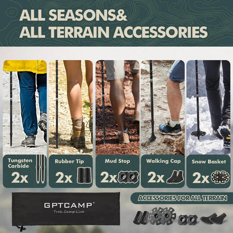 Ultralight Collapsible Trekking Poles For Hiking, 2-Piece Adjustable Walking Sticks shown with terrain-specific tips