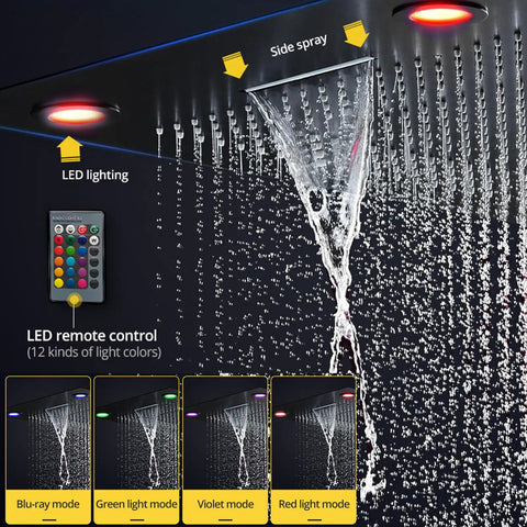 Top Shelf Thermostatic Ceiling Rain Shower Set Featuring Twelve Led Color Tones And No Stress Temperature Lock, showcasing side spray and LED controls.
