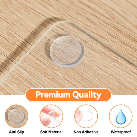 Clear non adhesive glass table top anti slip pad on wood surface, part of 20 pack, three quarters inch, for secure grip, no glue needed, premium quality