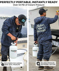 Man using High Pressure 5L Portable Shower Kit Hand Pump 45 PSI No Power Needed for Camping on a boat dock.