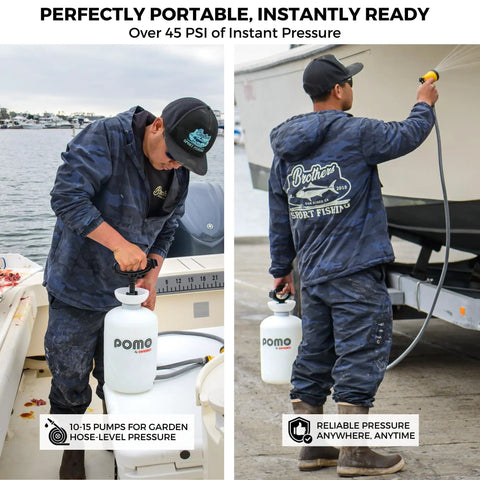 Man using High Pressure 5L Portable Shower Kit Hand Pump 45 PSI No Power Needed for Camping on a boat dock.