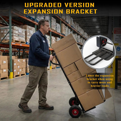 Person using Beefy Heavy Duty Hand Truck With 600 Lb Capacity Steel Construction Two Wheel Dolly in a warehouse