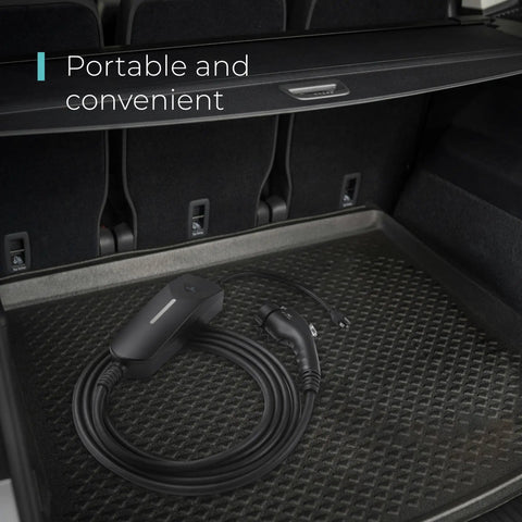 Level 1 And Level 2 Portable EV Charger With Dual Plugs NEMA 5-15 And NEMA 14-50, shown in car trunk for travel