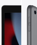 Certified Refurbished 2021 Tablet With A Slick 10.2 Inch Retina Display And Seamless Wi-Fi Streaming Packing 64GB Solid Storage In Classic Space Gray close-up of screen and side buttons.