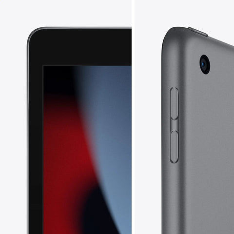 Certified Refurbished 2021 Tablet With A Slick 10.2 Inch Retina Display And Seamless Wi-Fi Streaming Packing 64GB Solid Storage In Classic Space Gray close-up of screen and side buttons.