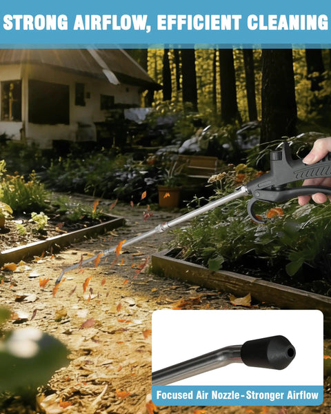 Beefy High Volume Air Blow Gun With 22 To 46 Inch Extendable Nozzle for dust removal in garden setting, demonstrating airflow efficiency