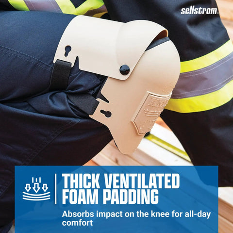 Ultra Flex III KneePro Triple Layer Foam Knee Pads With Heavy Duty Shell And Speed Clips worn by person in construction pants