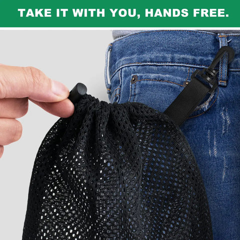 Close-up of a black 10 Pack Mesh Drawstring Bag with clip attached to jeans, showcasing portability and hands-free use.