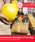 Person holding yellow hard hat and tool belt with tools for 6 in 1 Heavy Duty Staple Gun and Brad Nailer Kit Pro Grade Power Adjustable Drive.