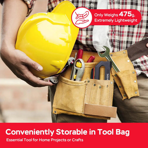 Person holding yellow hard hat and tool belt with tools for 6 in 1 Heavy Duty Staple Gun and Brad Nailer Kit Pro Grade Power Adjustable Drive.