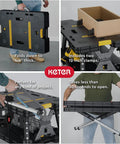 Heavy Duty Folding Workbench With 1,000 Lb Capacity DIY Friendly Portable Shop Table, shown folded and with 12-inch clamps.