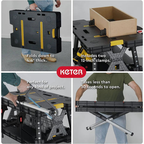 Heavy Duty Folding Workbench With 1,000 Lb Capacity DIY Friendly Portable Shop Table, shown folded and with 12-inch clamps.