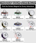 Display of various magnet fishing kits with different pull strengths, including Double Sided Magnet Fishing Kit With 1000LB Pull Neodymium N52 Magnets And Case.