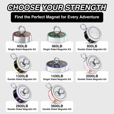 Display of various magnet fishing kits with different pull strengths, including Double Sided Magnet Fishing Kit With 1000LB Pull Neodymium N52 Magnets And Case.