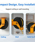 Heavy Duty Retractable Air Hose Reel With A Tough As Nails 50 Ft Epdm Rubber Hose No Sweat Auto Rewind Length Lock shown mounted on ceiling and wall.