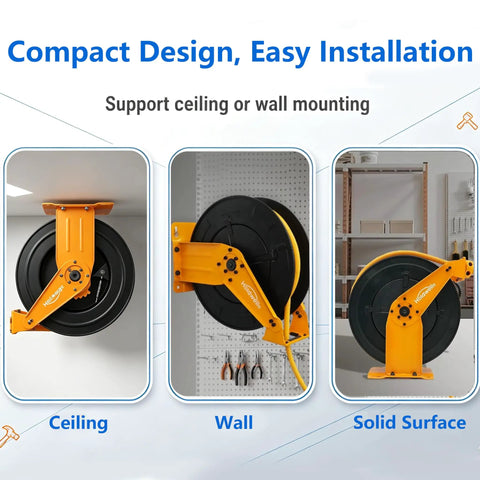 Heavy Duty Retractable Air Hose Reel With A Tough As Nails 50 Ft Epdm Rubber Hose No Sweat Auto Rewind Length Lock shown mounted on ceiling and wall.