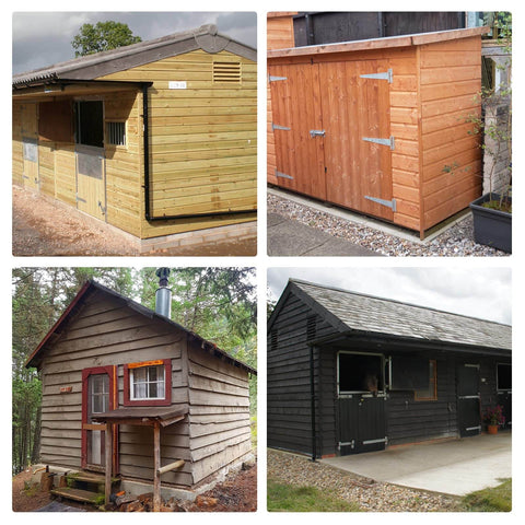 Collage of four outdoor structures: two wood sheds, a rustic cabin, and a black-stained barn with various doors and windows.