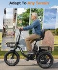 Adult E Trike With 1200W Peak Motor 18 MPH 3 Riding Modes And 748.8Wh Removable Battery For Smooth Acceleration Easy Hill Climbing And Daily Errands For Commuting Trails And Weekend Fun And City Cruising, side view with rider on black fat-tire electric trike