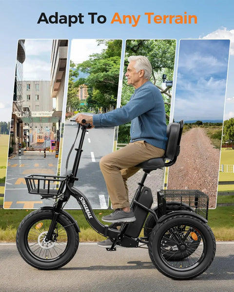 Adult E Trike With 1200W Peak Motor 18 MPH 3 Riding Modes And 748.8Wh Removable Battery For Smooth Acceleration Easy Hill Climbing And Daily Errands For Commuting Trails And Weekend Fun And City Cruising, side view with rider on black fat-tire electric trike