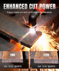 Non Touch Pilot Arc Plasma Cutter 50A Dual Voltage 110 220V With Large LED Display Heavy Duty Three Quarter Inch Cut PT 2T 4T Modes Perfect For DIYers And Pros demonstrating metal cutting.