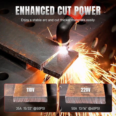 Non Touch Pilot Arc Plasma Cutter 50A Dual Voltage 110 220V With Large LED Display Heavy Duty Three Quarter Inch Cut PT 2T 4T Modes Perfect For DIYers And Pros demonstrating metal cutting.