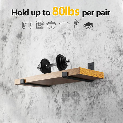 10 Pack Heavy Duty J Style Shelf Brackets With Lip 9 Inch Industrial Wall Mounted Floating Supports For Eight Point Eight Inch Wide Lumber Boards Black Iron Construction Durable Shelf Brackets For Garage Or Workshop installed on wall holding weight