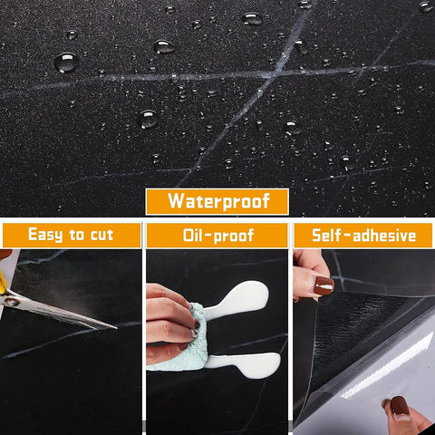 Black Marble Peel And Stick Floor Tiles 12 X 12 Inches Self Adhesive Vinyl Flooring Waterproof Durable For Kitchen Bathroom Basement Super Easy No Fuss Install 16 Pack Covers 15.5 Sq Ft showing waterproof, easy to cut, and self-adhesive features