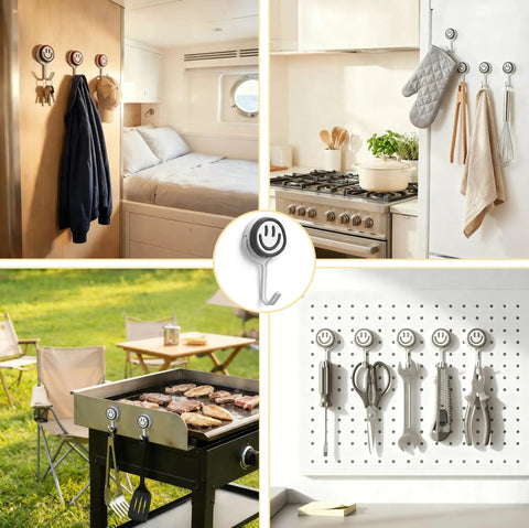 Six Piece Heavy Duty Magnetic Hooks With Smooth Swivel Action And Fresh Smiley Vibe For Keeping Your Fridge Locker Or Garage Slick While Hauling Heavy Gear At 60 Lbs. set up in various uses, showcasing home storage and outdoor cooking.