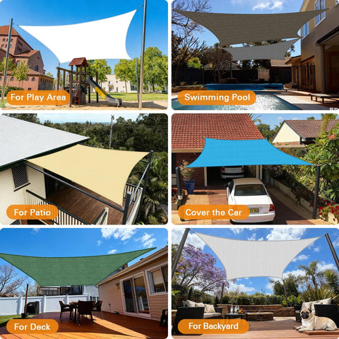 17x31 Foot Light Gray Sun Shade Sail Rectangle Outdoor Canopy with 95 Percent UV Block over backyard patio and pergola.