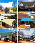 Various setups of a Sun Shade Sail 12x20 Feet Sand Rectangle With Curved Edges, ideal for play areas, pools, patios, decks, and backyards.