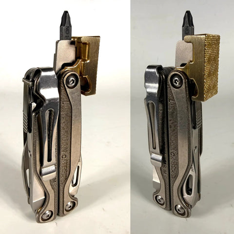 Brass Hammer Head Mod For Multitool With Dual Locking System Hand Finished in USA attached to multitool
