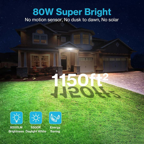 Rock Solid 80W Outdoor Flood Lights Kickin Out 8000 Lumen Brightness With Straight Up Switch Control IP65 Waterproof Wired Led Security Fixtures For Yard Driveway Black