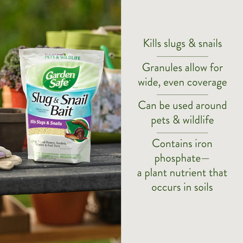 Slug And Snail Bait Granules For Lawns Gardens And Greenhouses 2 Pound Pack displayed on garden table