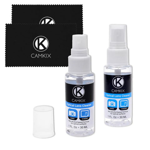 Lens And Screen Cleaning Kit With Two Cleaning Sprays And Two Microfiber Cloths For DSLR Lenses And All Device Screens No Fuss Quick Streak Free Clean Up For Cameras Smartphones Tablets Notebooks And More; two bottles and two cloths
