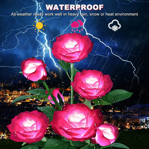 Outdoor Solar Rose Lights Seven Rose Flower Garden Stakes For Pathway Patio And Yard Decor Pink Bloom With Large Solar Panel