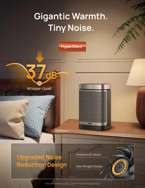 Space Heater 1500W Portable Electric Heater For Indoor Use With Remote PTC Ceramic Thermostat Fast Heat shown on nightstand