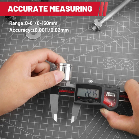 Hands using IP67 Digital Caliper 0-6 Inch Range With Large LCD Screen, Stainless Steel Electronic Ruler to measure metal object accurately