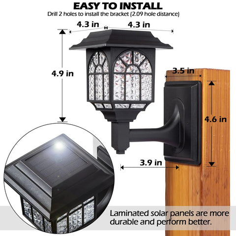 Solar Fence Lights 2 Pack Outdoor Waterproof Lanterns With Warm White LED installed on wooden post, showcasing size and solar panel.