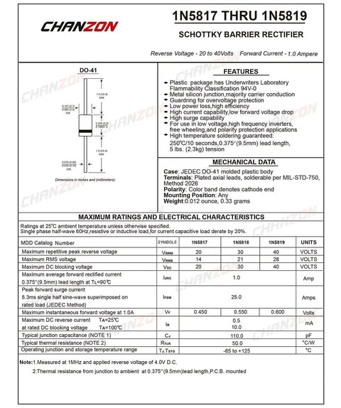 1N5819 Schottky Barrier Rectifier data sheet with specifications for 100 Pack 1N5819 Schottky Barrier Rectifier Diodes 1A 40V DO41