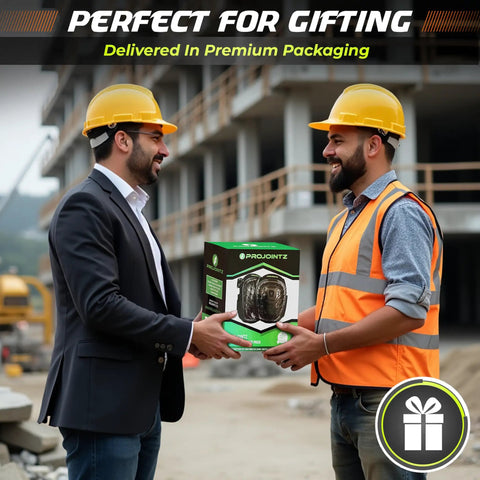 Two construction workers exchanging heavy duty gel knee pads for work with foam cushioning all day comfort, construction site background