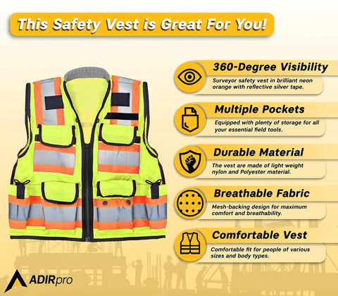 Straight Up Durable High Visibility Class Two Safety Vest With Blazing Reflective Tape And Secure Zippered Pockets For Construction Crews And Surveyors In Fluorescent Yellow for safe work sites.