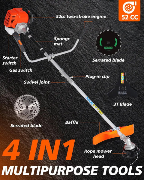 4-In-1 Gas Powered Weed Wacker With 52cc 2-Cycle Engine and labeled parts, including blades and trimmer, on black background.
