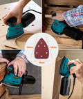 Top Shelf Palm Sander Delivering Knockout 12000 RPM Detail Sanding Performance For Wood And Metal Projects, compact tool in use.