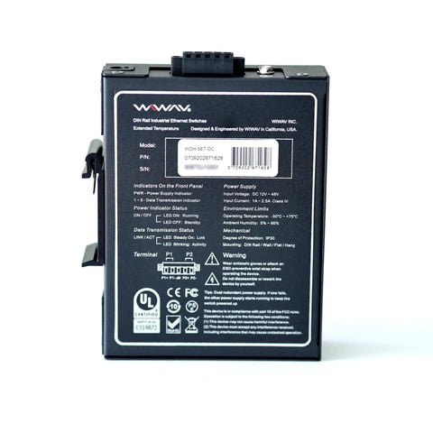 Rear view of Unmanaged 5 Port Industrial Ethernet Switch 10/100Mbps with model and specifications visible on the label.