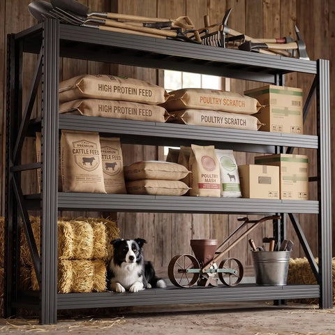 Beefed Up 4 Tier Storage Shelving Black Industrial Grade Rack Cracks Under Up To 6000 Lbs Pressure ideal for storing animal feed and tools.