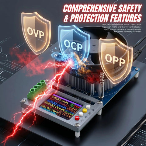 150W 20A Constant Current Electronic Load With USB Battery Tester showcasing OVP, OCP, OPP safety features and color display.